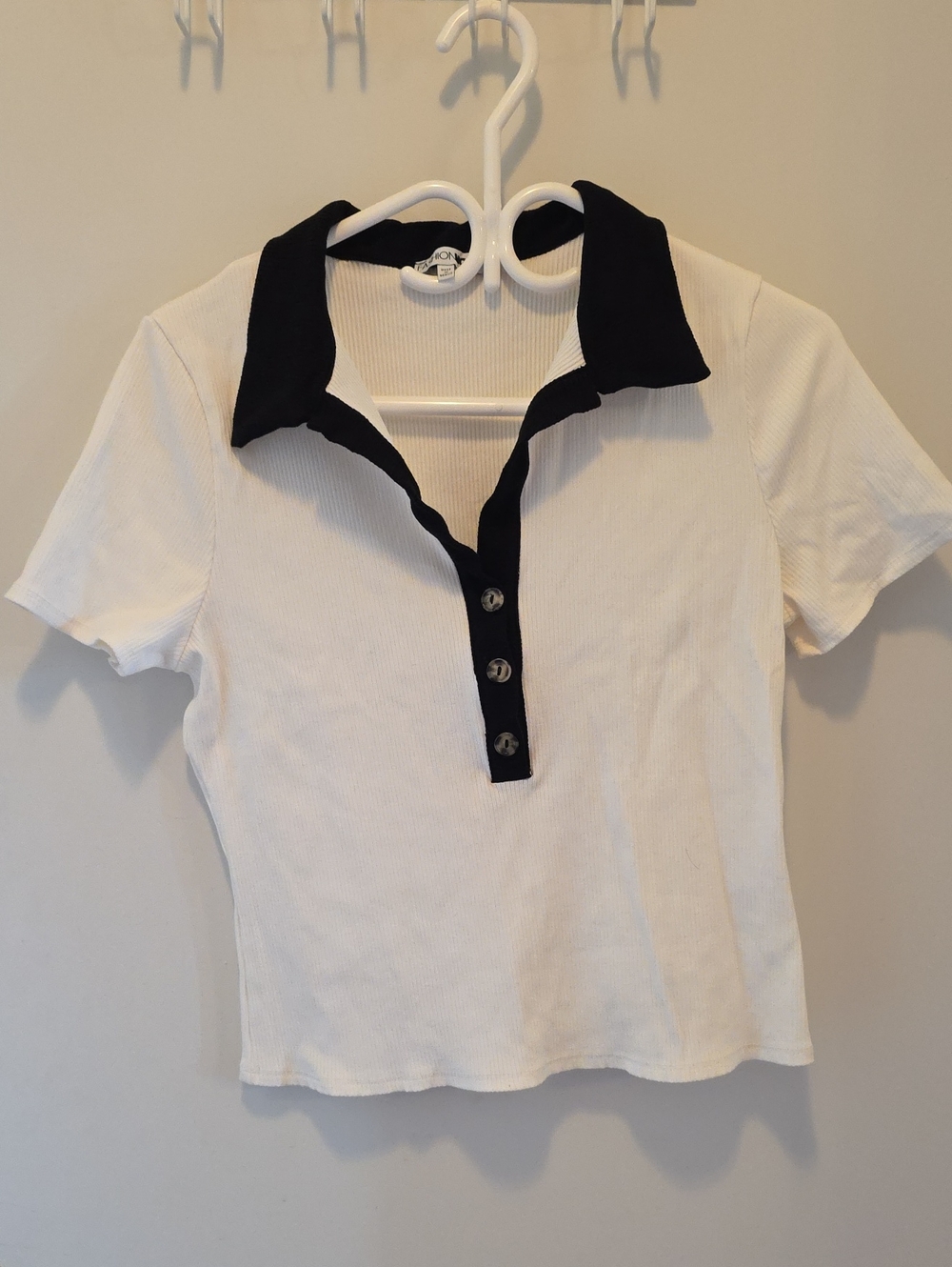 Fashion Nova White Ribbed Polo Top with Black Contrast Collar